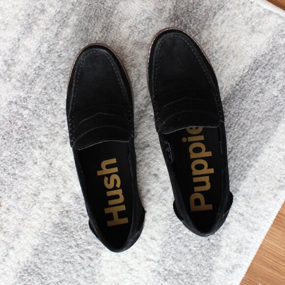 Black Hush Puppies Suede Loafers - Picture 2 of 6